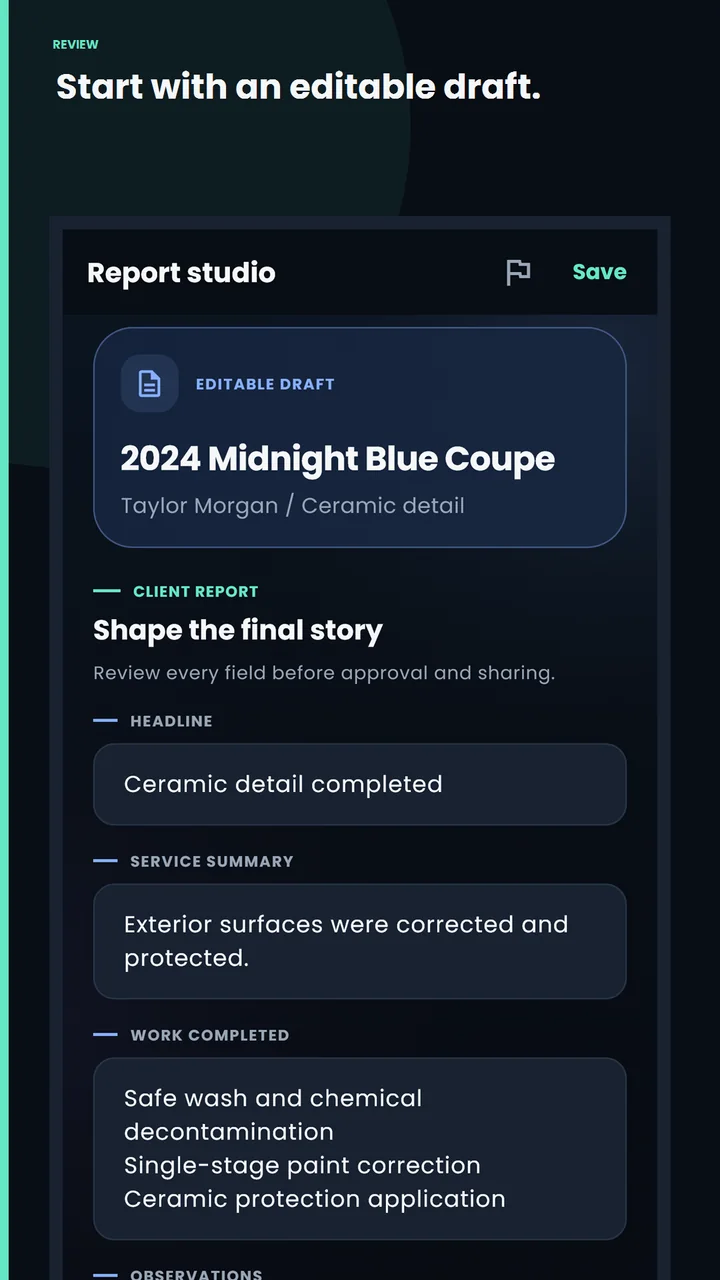 DetailCue report studio showing an editable customer report draft.